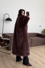 Belo Uzun Kürk Kaban Kahverengi - Görsel 4