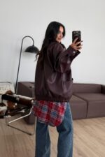 Hakim Yaka Bomber Deri Ceket Mürdüm - Görsel 3