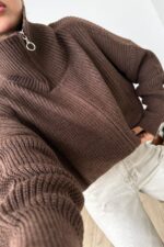 Fermuarlı Dik Yaka Örgü Hırka Kahverengi - Görsel 2