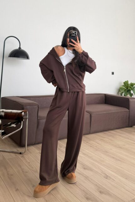 Hırkalı Modal Kumaş Eşofman Takım Kahverengi