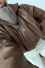 Pileli Yarasa Kollu Deri Ceket Kahverengi - Görsel 2