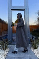 Çizgili Uzun Kaşe Kaban Siyah - Görsel 4