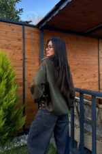 Baklava Desenli Polo Yaka Kazak Haki Kahve - Görsel 5