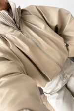 Pileli Yarasa Kollu Deri Ceket Bej - Görsel 2