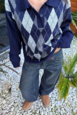 Baklava Desenli Polo Yaka Kazak Lacivert Gri - Görsel 3