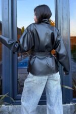 Beli Kemerli Yumuşak Deri Ceket Siyah - Görsel 4