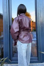 Beli Kemerli Yumuşak Deri Ceket Mürdüm - Görsel 4