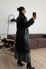 Kuşaklı Deri Trenç Siyah - Görsel 3