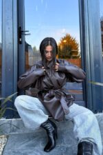 Beli Kemerli Yumuşak Deri Ceket Acı Kahve - Görsel 3