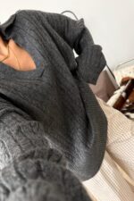 V Yaka Zincir Örgülü Triko Kazak Antrasit - Görsel 2