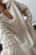 V Yaka Zincir Örgülü Triko Kazak Bej - Görsel 2