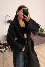 Kuşaklı Oversize Hırka Siyah - Görsel 2