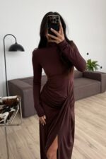 Vatkalı Drapeli Uzun Elbise Kahverengi - Görsel 2