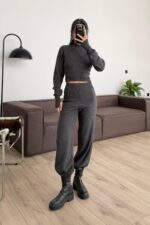 Balıkçı Yaka Triko Crop Takım Antrasit