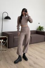 Balıkçı Yaka Triko Crop Takım Vizon