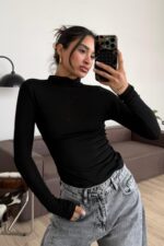 Balıkçı Yaka Uzun Kollu Bluz Siyah