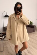 Yandan Yırtmaçlı Oversize Blazer Ceket Bej - Görsel 2