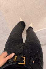 Işıltılı Wide Leg Siyah Eskitme Jean - Görsel 3