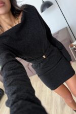 Beli Tokalı Kayık Yaka Simli Elbise Siyah - Görsel 3