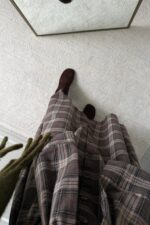 Beli Bağlamalı Ekose Düğmeli Etek Kahverengi - Görsel 4