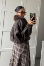 Beli Lastikli Yakası Kürklü Deri Ceket Acı Kahve - Görsel 3