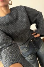 Geniş Kollu Ekose Bluz Lacivert - Görsel 2