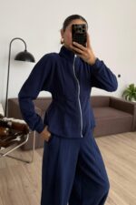 Dikiş Detaylı Fitilli Eşofman Takım Lacivert - Görsel 2