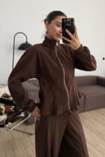 Dikiş Detaylı Fitilli Eşofman Takım Kahverengi - Görsel 2