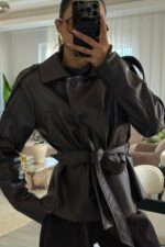 St Beli Kemerli Yumuşak Deri Ceket Acı Kahve - Görsel 2