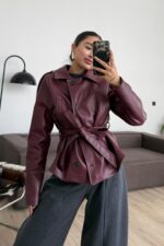 St Beli Kemerli Yumuşak Deri Ceket Bordo