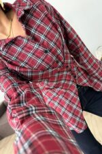 Düğme Detaylı Beli Bağlamalı Ekose Gömlek Kırmızı - Görsel 2