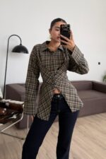 Düğme Detaylı Beli Bağlamalı Ekose Gömlek Kahverengi