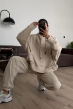 Tasarım Kapşonlu Sweat Eşofman Takım Bej