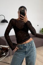 Kayık Yaka Uzun Kollu Dantel Bluz Siyah