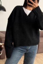 V Yaka Pinterest Yumuşak Kazak Siyah - Görsel 2