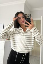 Yakası Düğmeli Çizgili Bluz Ekru
