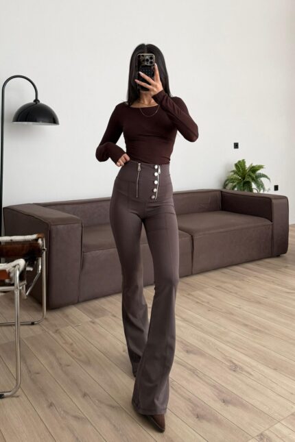 Çift Fermuarlı İspanyol Paça Tayt Vizon