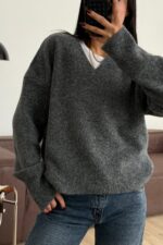 V Yaka Pinterest Yumuşak Kazak Antrasit - Görsel 2