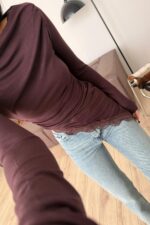 Kayık Yaka Dantel Detaylı Bluz Kahverengi - Görsel 2