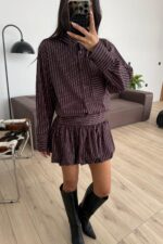 İçi Şortlu Çizgili Balon Etek Takım Kahverengi - Görsel 2