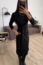 Belden Bağlamalı Önü Dikişli Uzun Elbise Siyah - Görsel 2