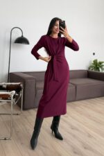 Belden Bağlamalı Önü Dikişli Uzun Elbise Bordo