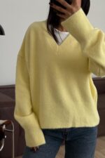 V Yaka Pinterest Yumuşak Kazak Sarı - Görsel 2