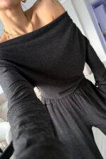 Kayık Yaka palazzo Pantolon Takım Koyu Antrasit - Görsel 3