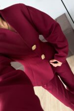 Balon Kollu Gold Düğmeli Blazer Takım 
Bordo - Görsel 3