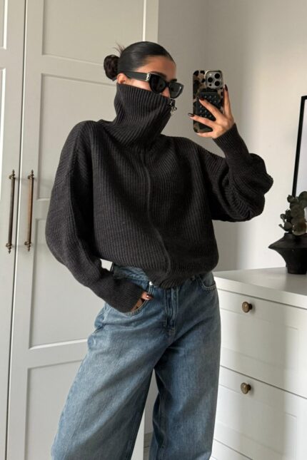 Fermuarlı Dik Yaka Örgü Hırka Antrasit