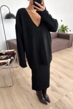 V Yaka Saç Örgülü Triko Etek Takım Siyah - Görsel 2