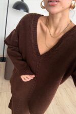 V Yaka Saç Örgülü Triko Etek Takım Kahverengi - Görsel 3