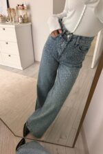 Elmas Taşlı Wide Leg Orta Mavi Jean - Görsel 2