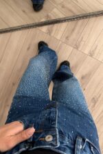 Yoğun Taşlı Wide Leg Dark Jean - Görsel 3